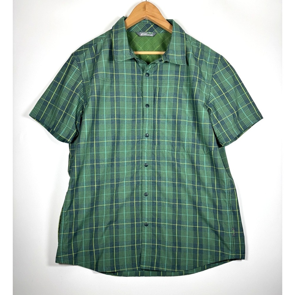 Stio‎ Snap Front Performance Shirt Large Green Plaid Short Sleeve Hiking Outdoor